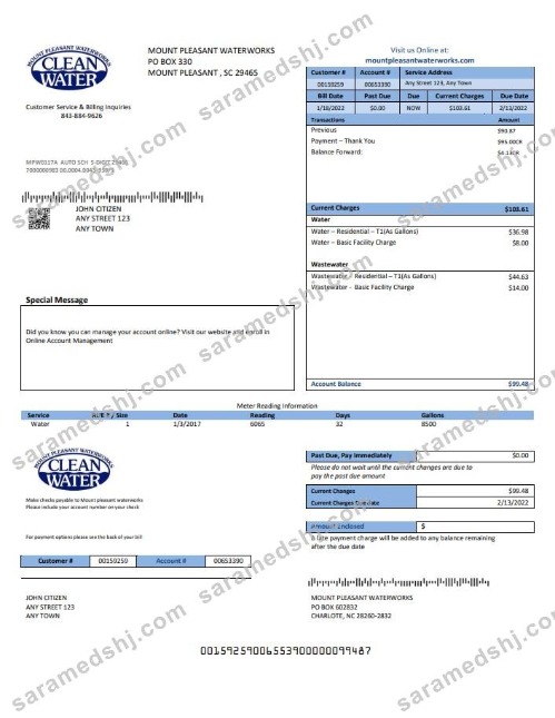 USA Clean Water utility bill template in Word and PDF format